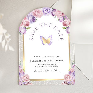 Purple Pink Floral Butterfly Wedding Save the Date