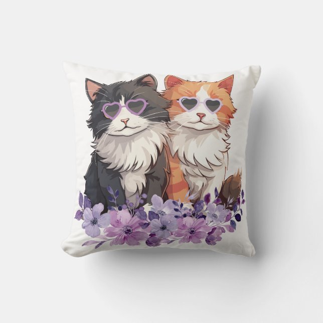 Purple Pink Floral Cats Throw Pillow (Front)