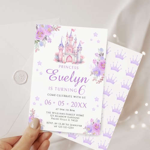Purple pink floral cute princess birthday girl invitation