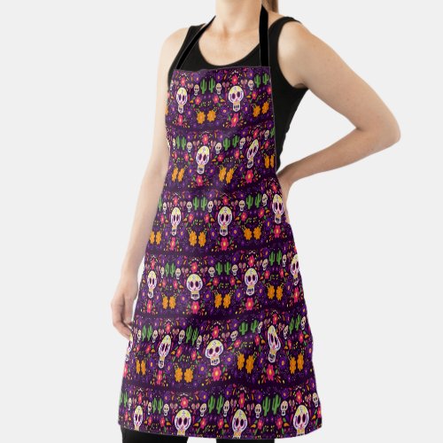Purple Pink Floral Day Of The Dead Apron
