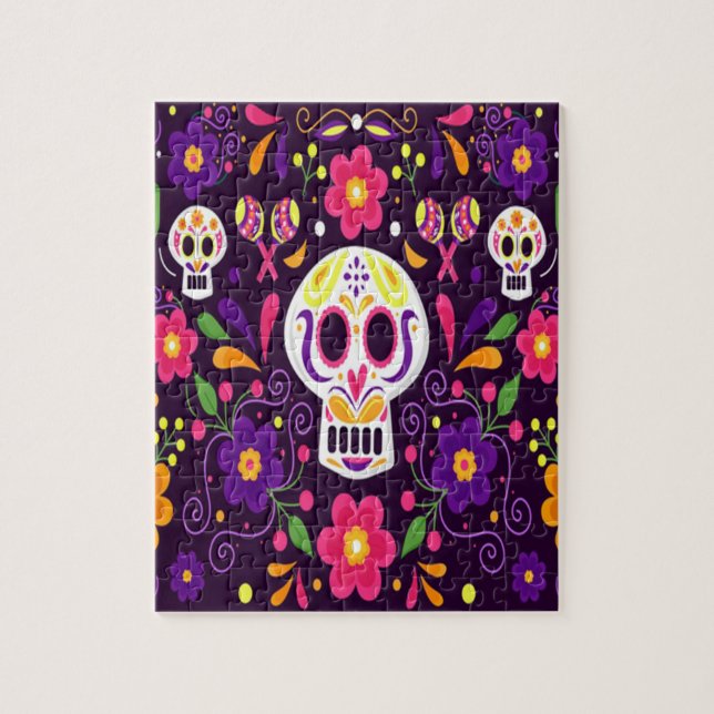 Purple Pink Floral Day Of The Dead Jigsaw Puzzle (Vertical)