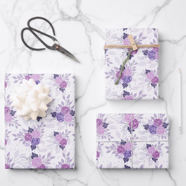 Purple Pink Floral Elegant Feminine Flowers Wrapping Paper Sheets (Front)