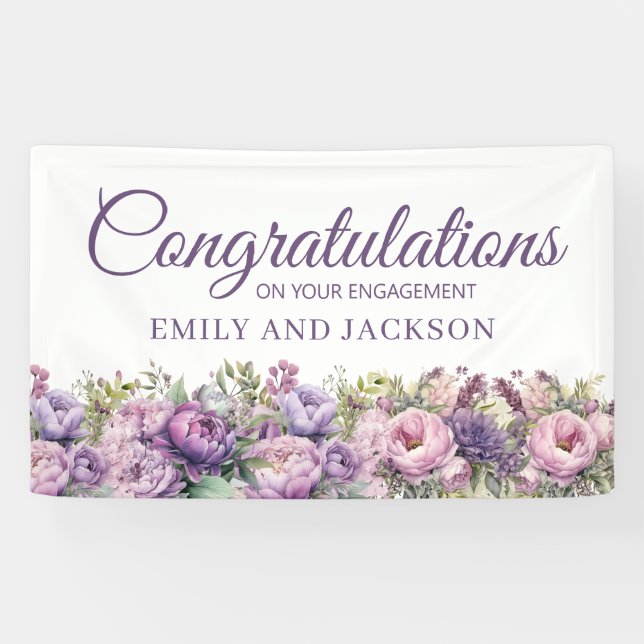 Purple Pink Floral Engagement Party Banner (Horizontal)