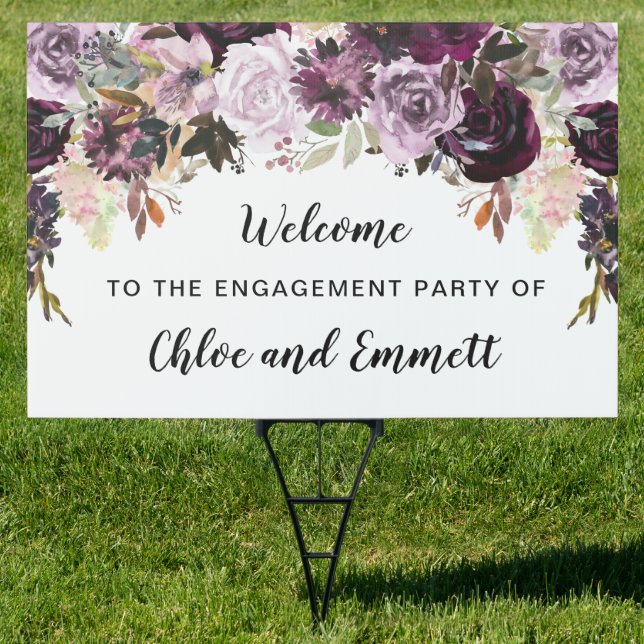 Purple Pink Floral Engagement Party Welcome Yard Sign (Insitu)