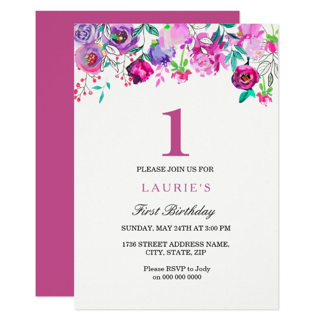 Purple Pink Floral Girl 1st Birthday Invitation
