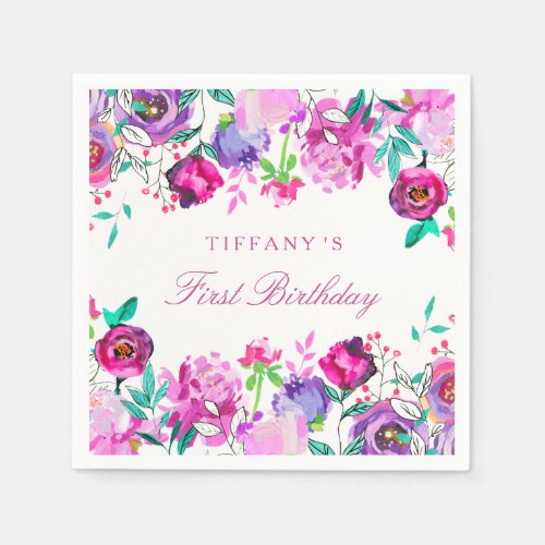 Purple Pink Floral Girl 1st Birthday Napkin