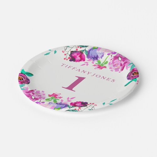 Purple Pink Floral Girl 1st Birthday Party Plate