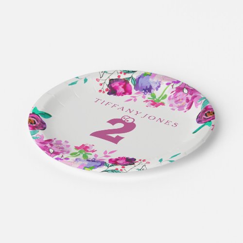 Purple Pink Floral Girl 2nd Birthday Party Plate