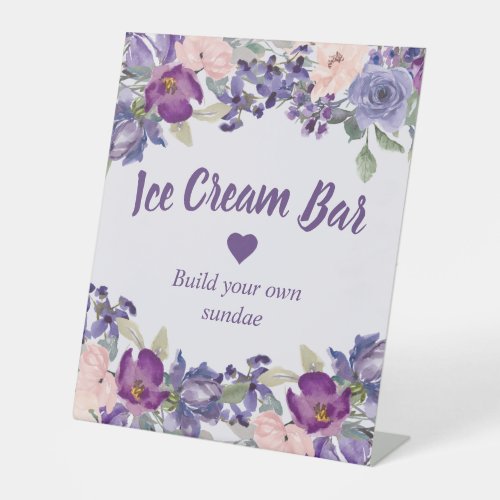 Purple Pink Floral Girl Baby Shower Ice Cream Bar Pedestal Sign