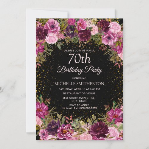 Purple Pink Floral Glitter Black 70th Birthday Invitation