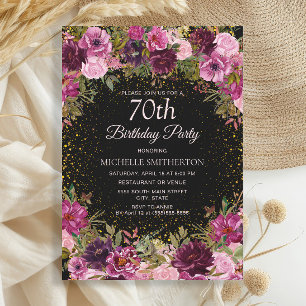 Purple Pink Floral Glitter Black 70th Birthday Invitation