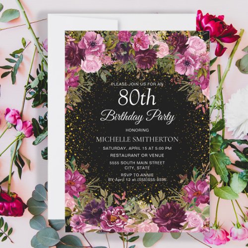 Purple Pink Floral Glitter Black 80th Birthday Invitation