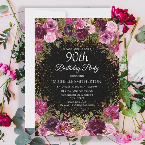 Purple Pink Floral Glitter Black 90th Birthday Invitation