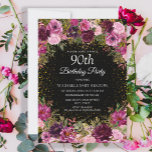 Purple Pink Floral Glitter Black 90th Birthday Invitation<br><div class="desc">Elegant and romantic pink and purple watercolor vintage roses/floral and foliage on black custom 90th birthday party invitation with gold glitter.  Personalized with the name of the guest of honor.</div>