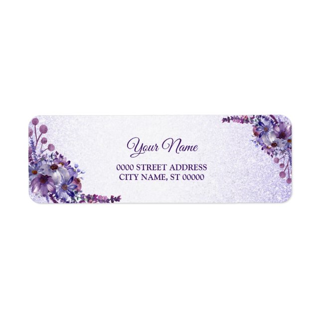 Purple Pink Floral Glitter Wedding Return Address Label (Front)