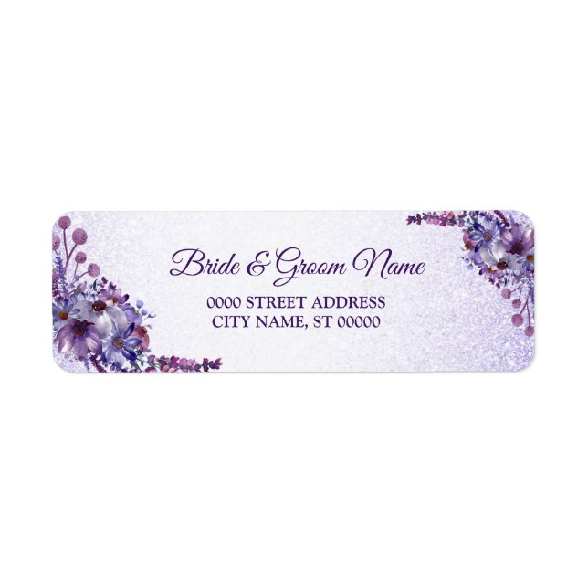Purple Pink Floral Glitter Wedding Return Address Label (Front)