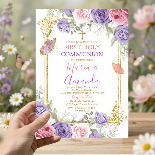 Purple Pink Floral Gold Cross First Holy Communion Invitation
