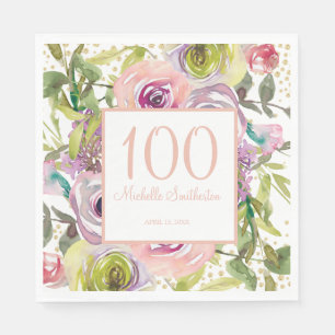 Purple Pink Floral Gold Glitter 100th Birthday Napkins