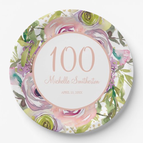 Purple Pink Floral Gold Glitter 100th Birthday Paper Plates