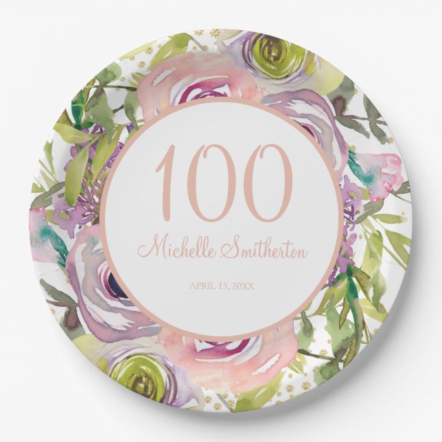 Purple Pink Floral Gold Glitter 100th Birthday Paper Plates (Front)