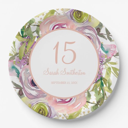 Purple Pink Floral Gold Glitter 15th Birthday Paper Plates