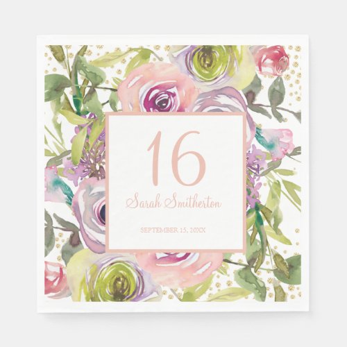 Purple Pink Floral Gold Glitter 16th Birthday Napkins