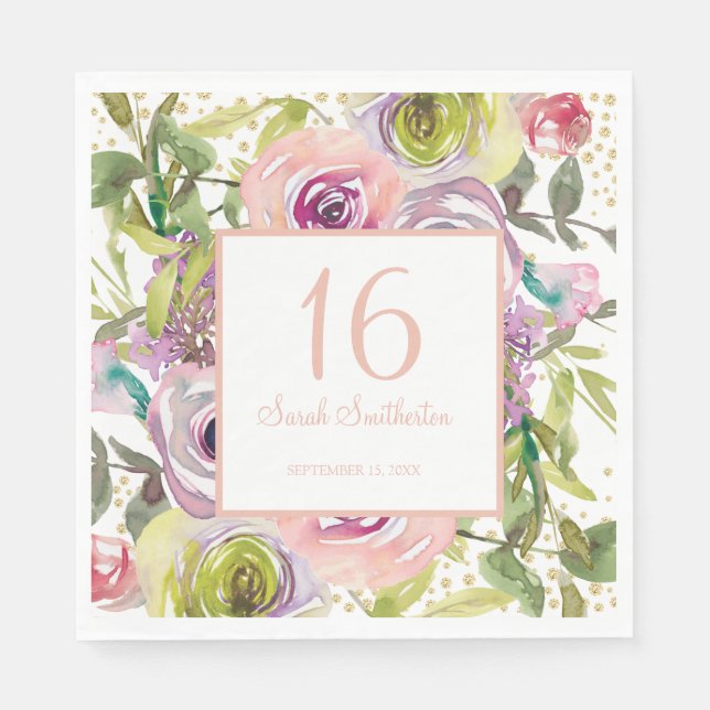 Purple Pink Floral Gold Glitter 16th Birthday Napkins (Front)