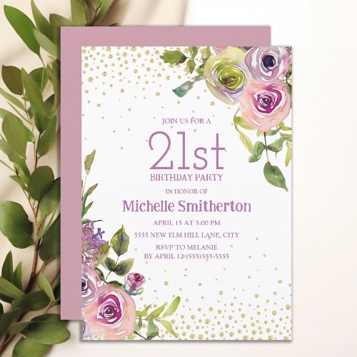 Purple Pink Floral Gold Glitter 21st Birthday Invitation