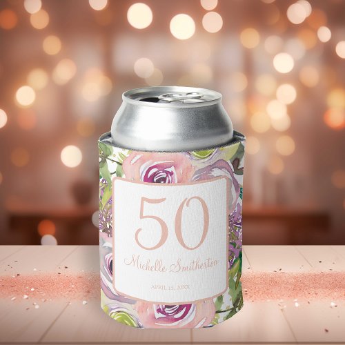 Purple Pink Floral Gold Glitter 50th Birthday Can Cooler
