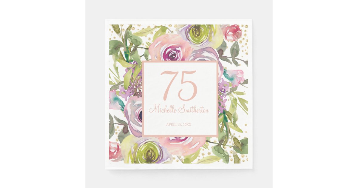 Purple Pink Floral Gold Glitter 75th Birthday Napkins Zazzle