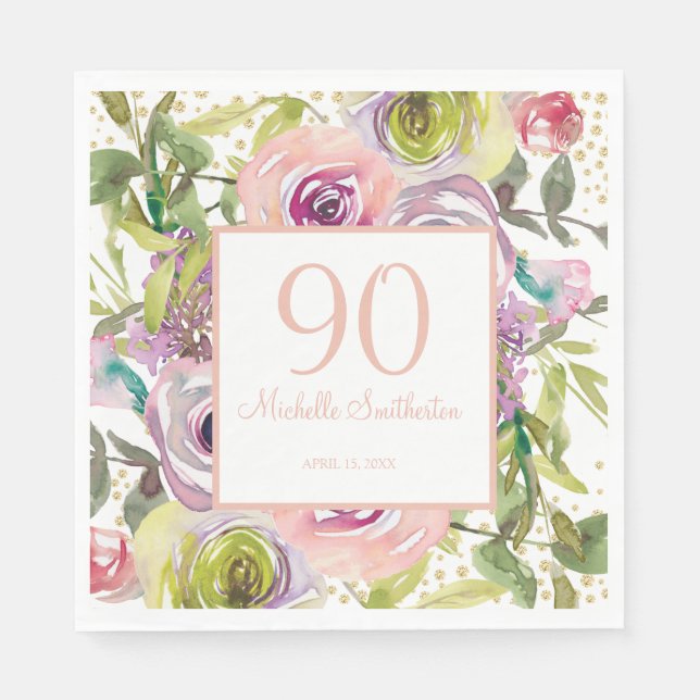 Purple Pink Floral Gold Glitter 90th Birthday Napkins (Front)