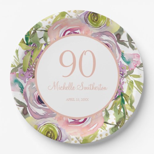 Purple Pink Floral Gold Glitter 90th Birthday Paper Plates