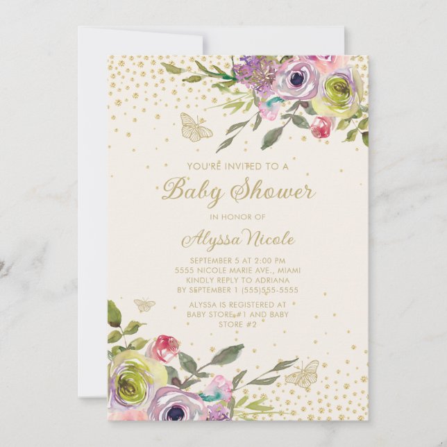 Purple Pink Floral Gold Glitter Butterflies Baby  Invitation (Front)