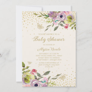 Purple Pink Floral Gold Glitter Butterflies Baby  Invitation