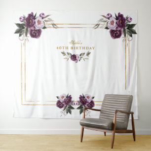 Purple Pink Floral Gold Photo Booth 40th Birthday Tapestry