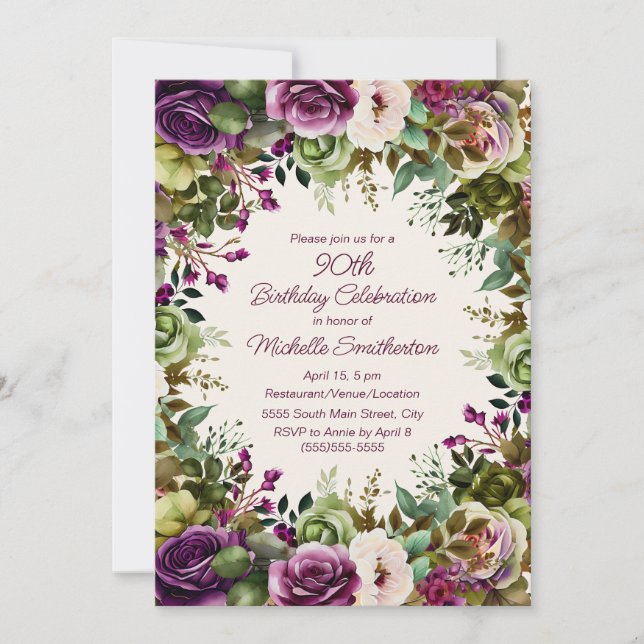 Purple Pink Floral Green Leaves 90th Birthday Invitation (Front)