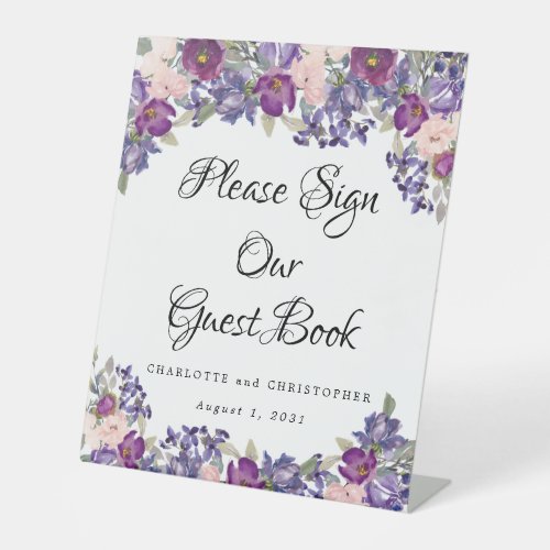 Purple Pink Floral Guest Book  Pedestal Sign