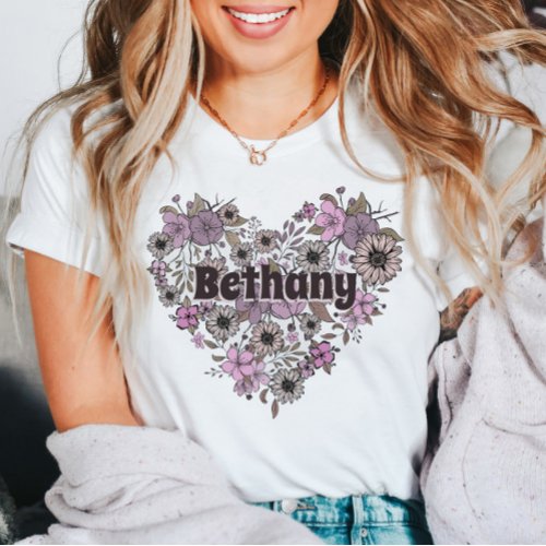 Purple Pink Floral Heart Girly Feminine Name T_Shirt