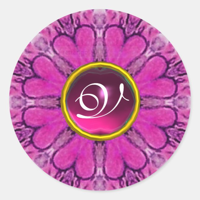 PURPLE PINK FLORAL HEARTS GEMSTONE MONOGRAM CLASSIC ROUND STICKER (Front)