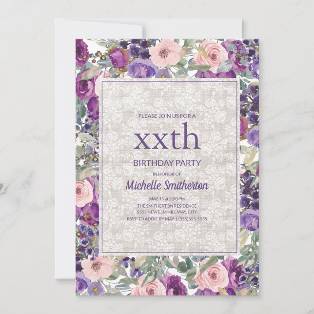 Purple Pink Floral Lace Any Age Birthday Invitation (Front)