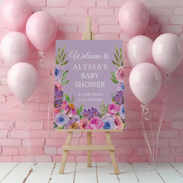 Purple Pink Floral Little Bloom Baby Shower Foam Board (Pink and purple watercolor floral baby shower easel sign)