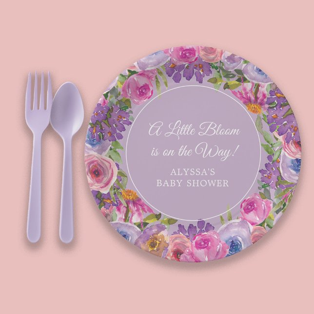 Purple Pink Floral Little Bloom Baby Shower Paper Plates (Pink and purple watercolor floral "Little bloom" baby girl shower paper plate)
