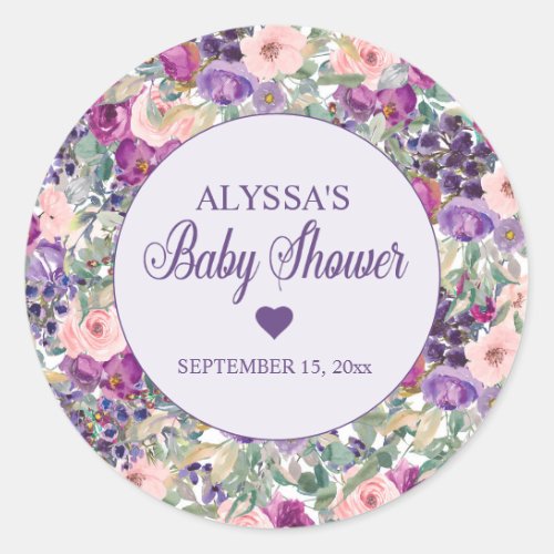 Purple Pink Floral Little Girl Baby Shower   Classic Round Sticker