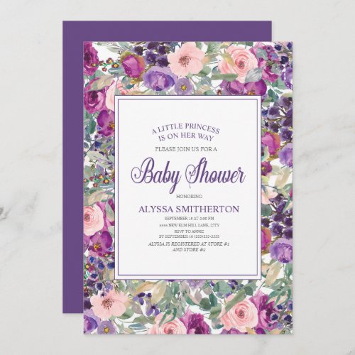 Purple Pink Floral Little Girl Baby Shower Invitation