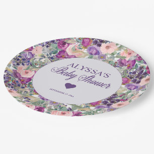Purple Pink Floral Little Girl Baby Shower Paper Plates