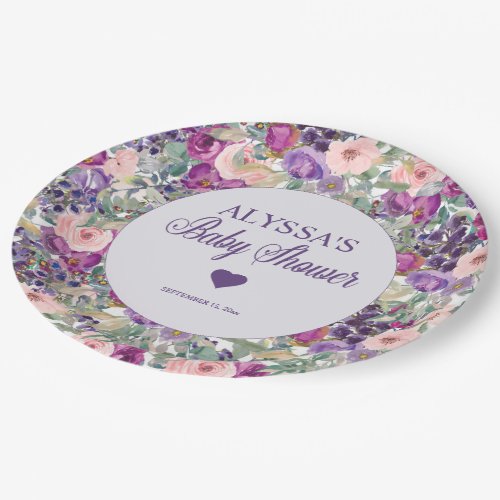 Purple Pink Floral Little Girl Baby Shower Paper Plates