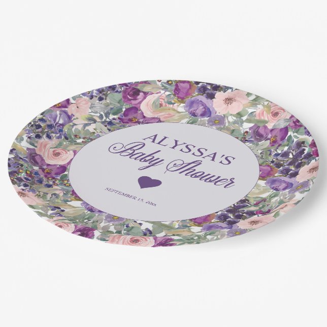 Purple Pink Floral Little Girl Baby Shower Paper Plates (Angled)