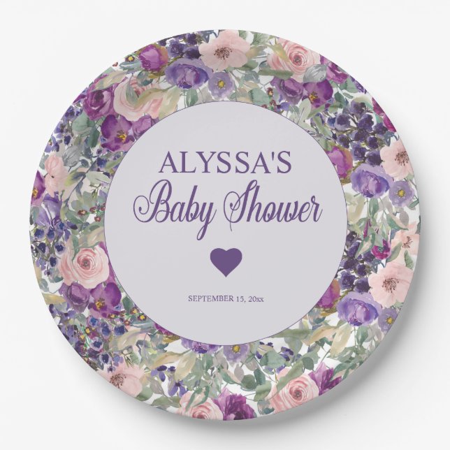 Purple Pink Floral Little Girl Baby Shower Paper Plates (Front)