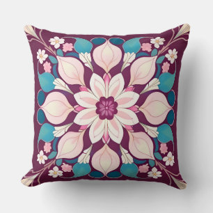 Purple Pink Floral Mandala Symmetrical Botanical Throw Pillow
