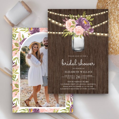 Purple Pink Floral Mason Jar Photo Bridal Shower Invitation